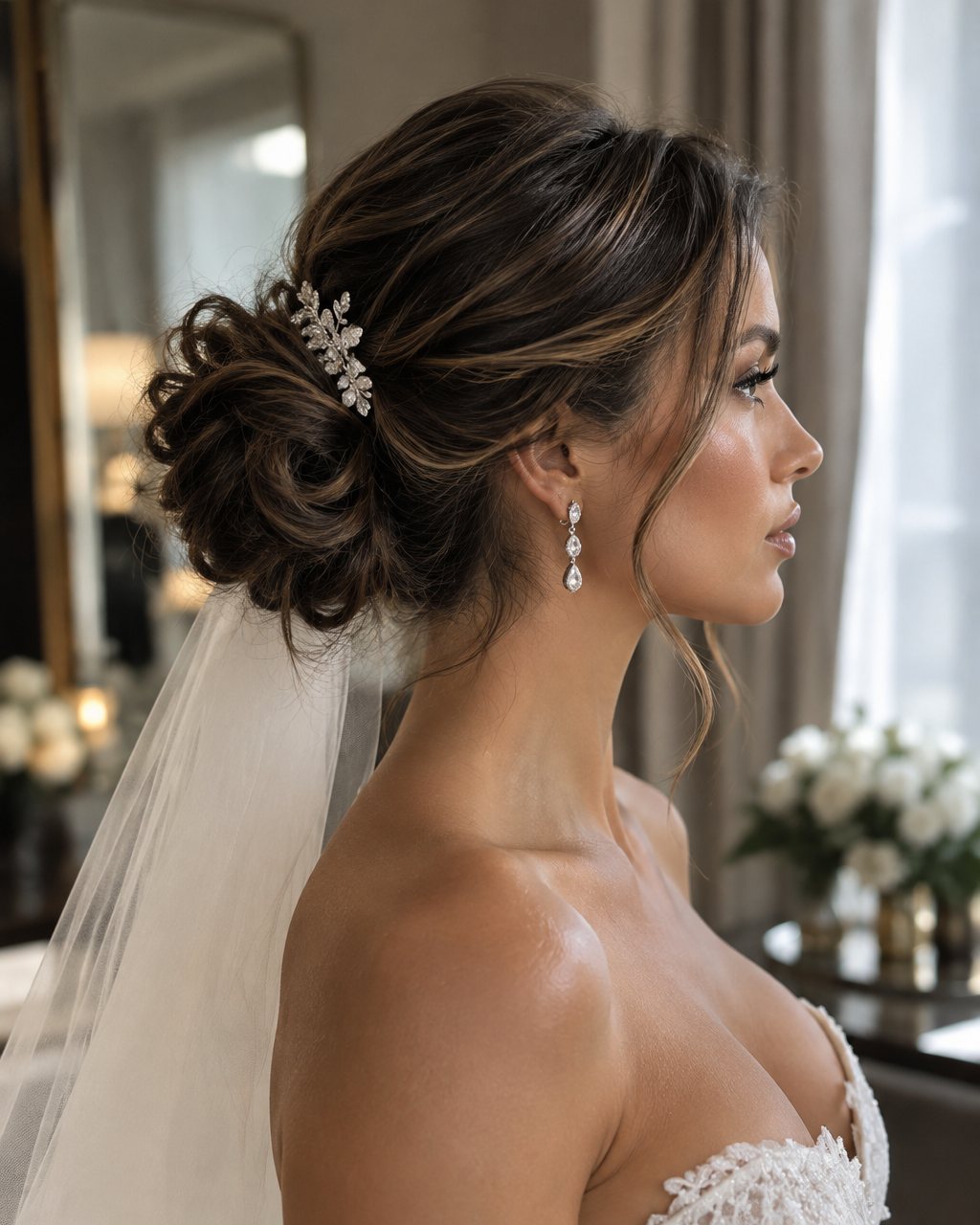 Braut im Profil mit tiefem Chignon, Schleier und Spitzenkleid