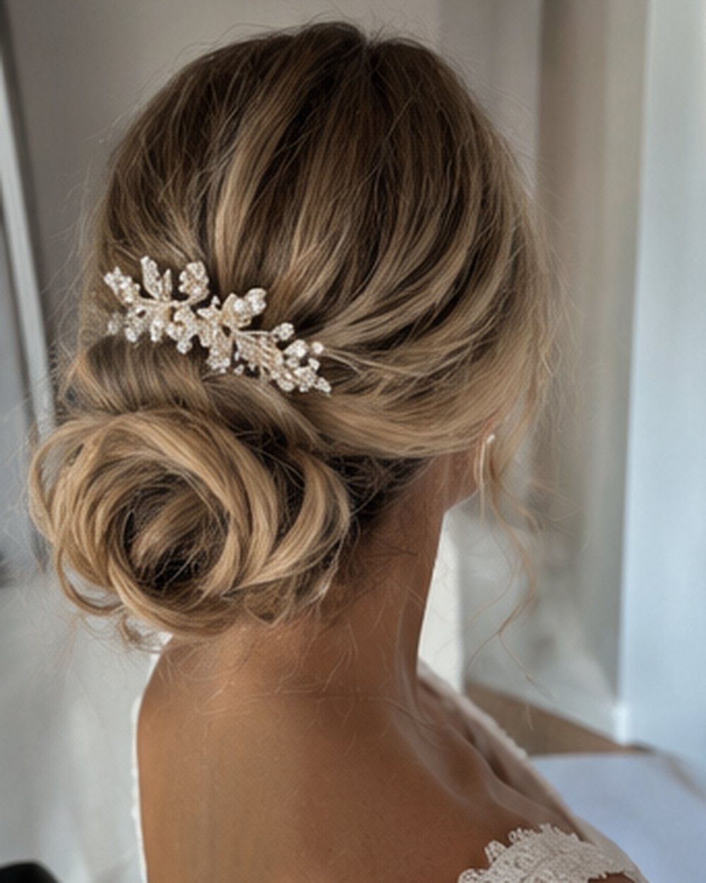Blonder tiefer Chignon mit Perlenspange, seitlich fotografiert