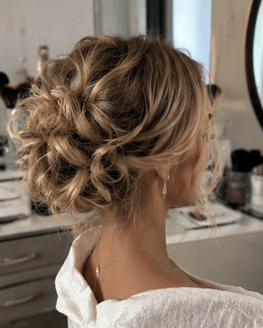 Blonder voluminöser Chignon mit weichen Wellen am Ansatz