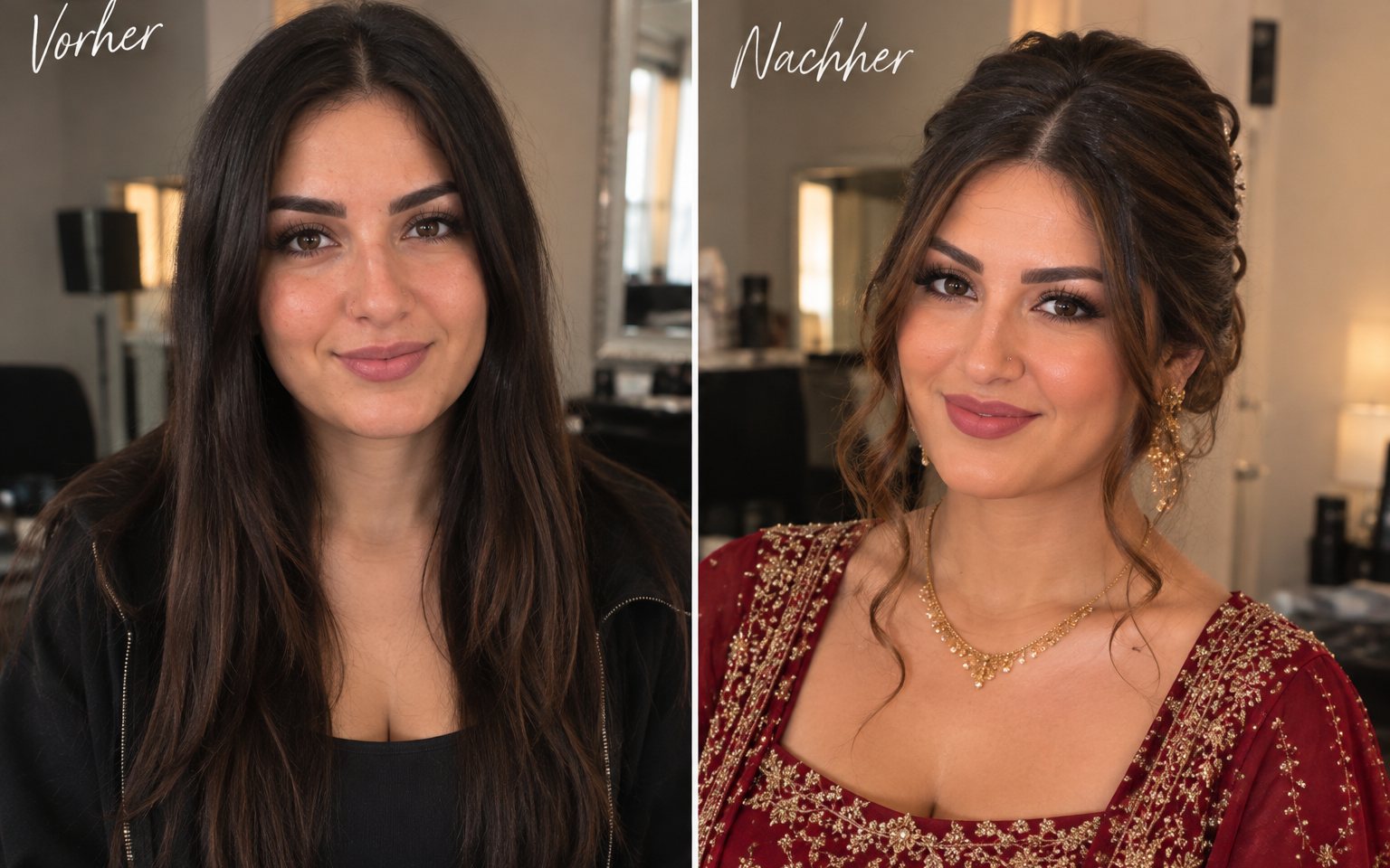 Vorher und nachher: von offenem, langem Haar zur hochgesteckten Frisur mit Haarschmuck