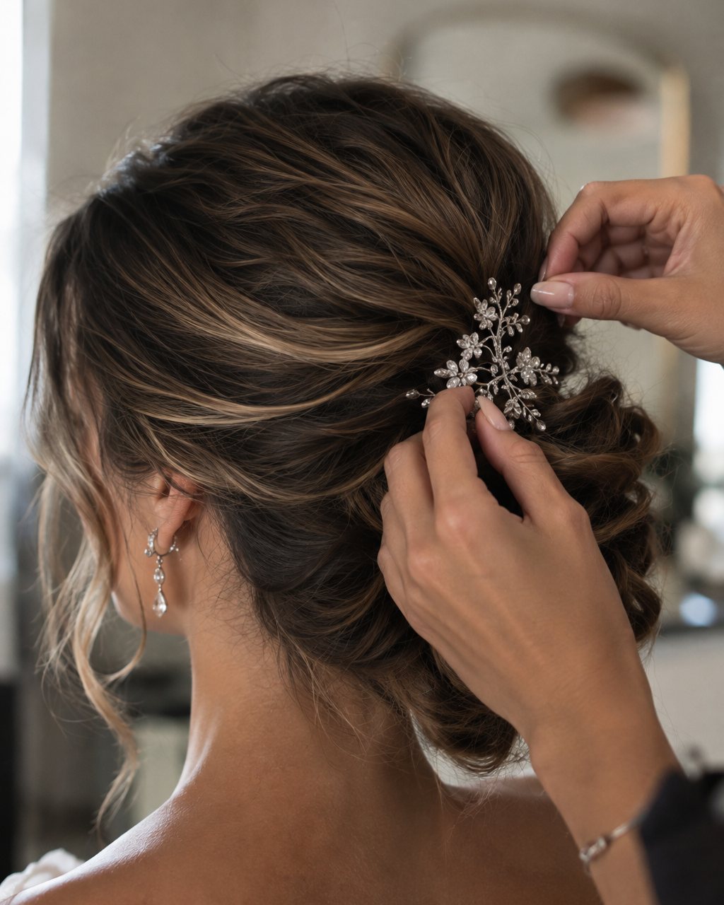 Haarschmuck wird in einen Braut-Chignon mit Schleier eingesetzt